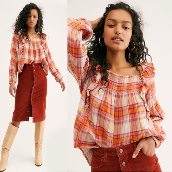 NWT Free People We the Free Siena Plaid Ruffle Top Medium Tea Combo Pink Orange - Picture 1 of 5